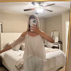 Lush White Blouse Open Shoulder Top Ruffles Sheer Adjustable Strap